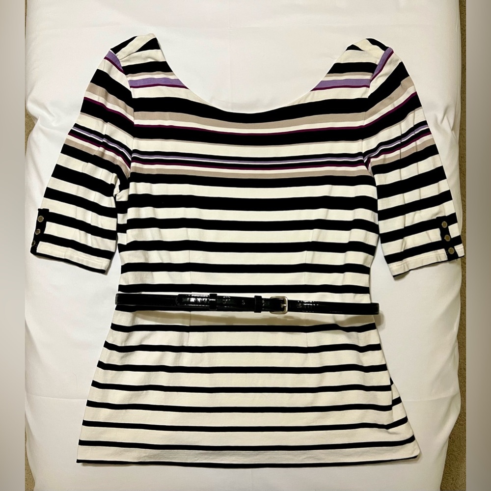 White House Black Market Short Sleeve Striped Top - Size Med - Taupe/White/Lilac